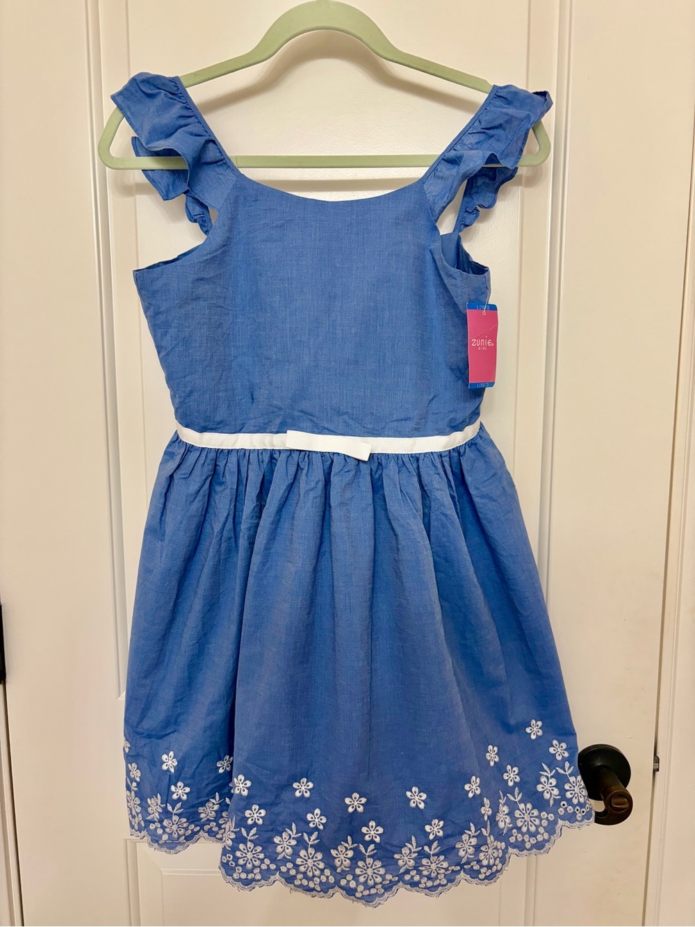 Zunie Blue Ruffle Strap Dress with White Floral Trim